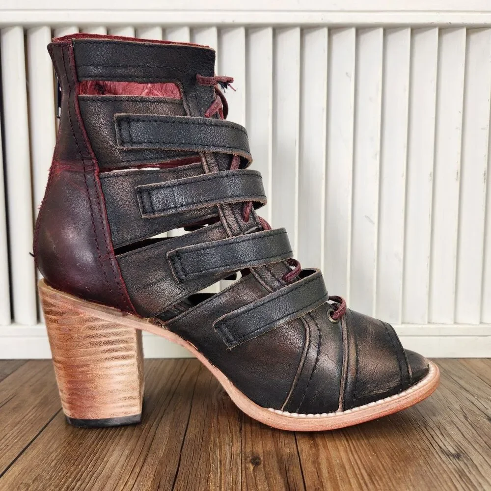 Freebird Braeden Heeled Sandal Booties Womens Sz 9 Black Red Buckle Strap Shoes